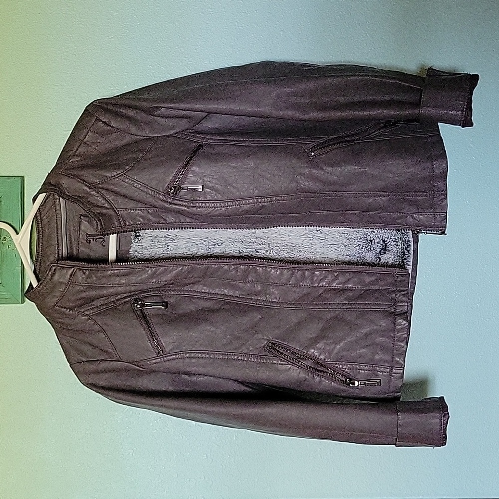 Jou Jou J2 charcoal brown vegan leather moto lined jacket